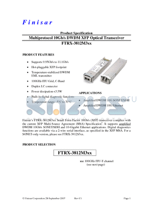 FTRX-3812M330 datasheet - Multiprotocol 10Gb/s DWDM XFP Optical Transceiver