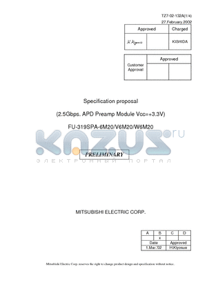 FU-319SPA-6M20 datasheet - INGAAS APD PREAMP MODULE FOR THE 1.31 UM AND 1.55 UM WAVELENGTH RANGE