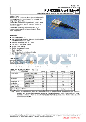 FU-632SEA-V61M15F datasheet - 1.55 um EAM/DFB-LD MODULE WITH SINGLEMODE FIBER PIGTAIL