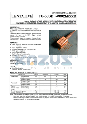 FU-68SDF-V802M116B datasheet - 1.58 um (L-Band) DFB-LD MODULE WITH SINGLEMODE FIBER PIGTAIL (WAVELENGTH SELECTED, BIAS CIRCUIT INTEGRATED, DIGITAL APPLICATION)