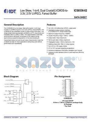 8536AG-02 datasheet - Low Skew, 1-to-6, Dual Crystal/LVCMOS-to-3.3V, 2.5V LVPECL Fanout Buffer