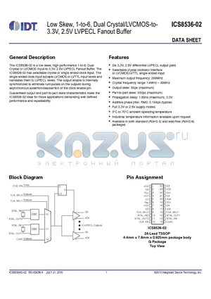 8536AG-02T datasheet - Low Skew, 1-to-6, Dual Crystal/LVCMOS-to-3.3V, 2.5V LVPECL Fanout Buffer