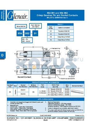 854-001-02 datasheet - Crimp Quadrax Pin and Socket Contacts