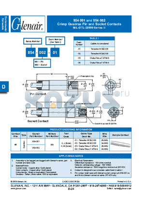 854-002-03 datasheet - Crimp Quadrax Pin and Socket Contacts