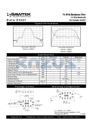 854657 datasheet - 70 MHz Bandpass filter