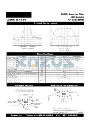 854658 datasheet - 70 MHz Low-Loss Filter