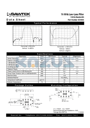 854664 datasheet - 70 MHz Low-Loss Filter