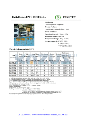 FUSB110 datasheet - Radial Leaded PTC FUSB Series