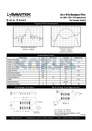 854823 datasheet - 86.6 MHz Bandpass Filter