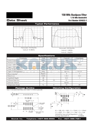 854833-1 datasheet - 150 MHz Bandpass Filter