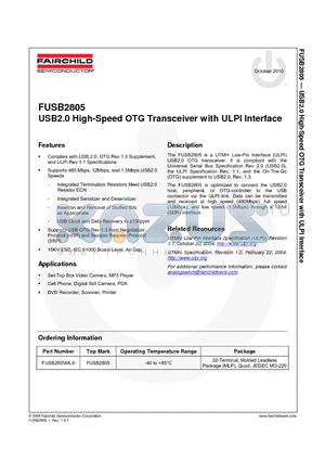 FUSB2805MLX datasheet - USB2.0 High-Speed OTG Transceiver with ULPI Interface