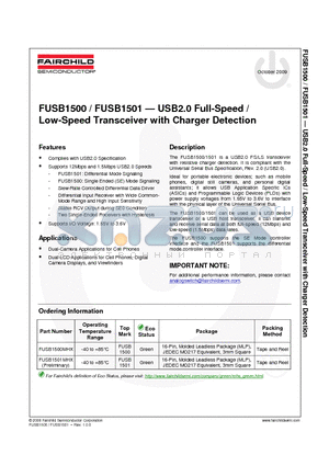 FUSB1501MHX datasheet - USB2.0 Full-Speed / Low-Speed Transceiver with Charger Detection