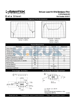 854917 datasheet - Std Low-Loss140 MHz Bandpass Filter
