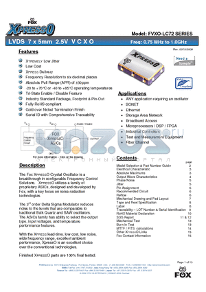 FVXO-LC72 datasheet - LVDS 7 x 5mm 2.5V VCXO