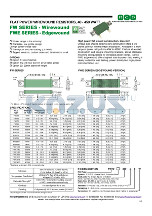 FW70-100-JB datasheet - FLAT POWER WIREWOUND RESISTORS, 40 - 450 WATT