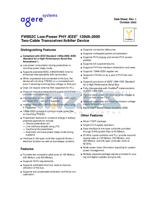 FW802C-DB datasheet - FW 802C LOW - POWER IEEE 1394A-2000 TWO CABLE TRANSCEIVER/ ARBITER DEVICE