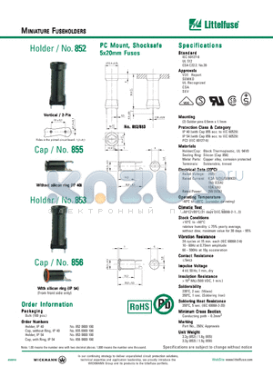 855 datasheet - PC Mount, Shocksafe 5x20mm Fuses