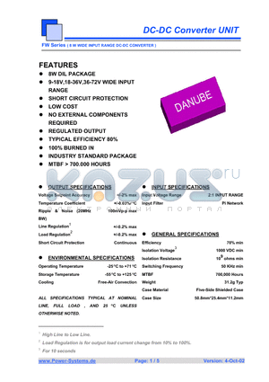 FWD-1215 datasheet - DC-DC Converter UNIT 8 W WIDE INPUT RANGE DC-DC CONVERTER