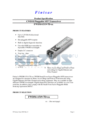 FWDM-1519-7D-53 datasheet - CWDM Pluggable SFP Transceiver