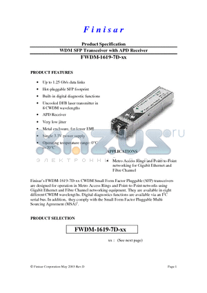 FWDM-1619-7D-61 datasheet - WDM SFP Transceiver with APD Receiver