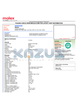 85502-5009 datasheet - Modular Jack, Right Angle, Low Profile, SMT,4/4, Pin-in-Hole- Reflow