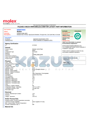 85507-5001 datasheet - Modular Jack, Vertical, High Speed Shielded, Through Hole, Cat 5,with Ribs, 8 Circuits