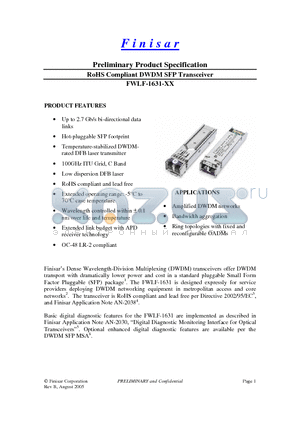 FWLF-1631-38 datasheet - RoHS Compliant DWDM SFP Transceiver