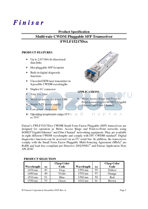 FWLF15217D53 datasheet - Multi-rate CWDM Pluggable SFP Transceiver