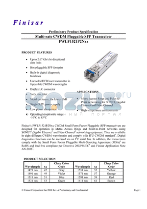 FWLF1521P2N49 datasheet - Multi-rate CWDM Pluggable SFP Transceiver