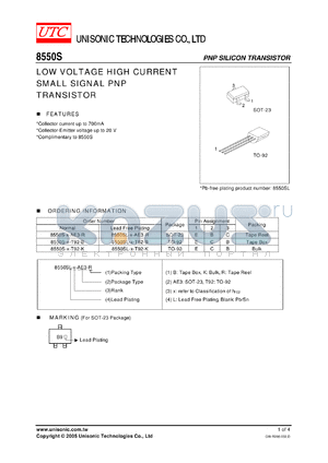 8550S-E-AE3-R datasheet - LOW VOLTAGE HIGH CURRENT SMALL SIGNAL PNP TRANSISTOR