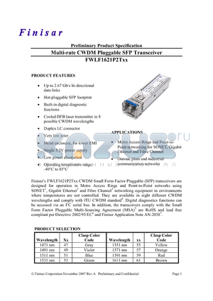 FWLF1621P2T51 datasheet - Multi-rate CWDM Pluggable SFP Transceiver