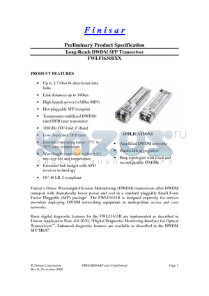 FWLF1631R28 datasheet - Long-Reach DWDM SFP Transceiver