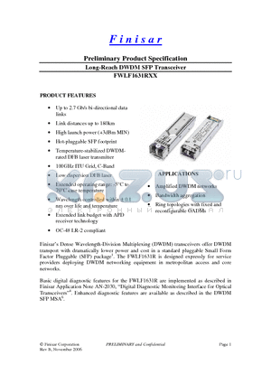 FWLF1631R48 datasheet - Long-Reach DWDM SFP Transceiver