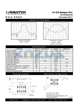 855131 datasheet - 199 MHz Bandpass Filter