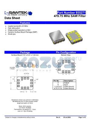 855271 datasheet - 479.75 MHz SAW Filter