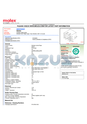 85543-5001 datasheet - Modular Jack, Right Angle, Fully Shielded, SMT, 8 Circuits