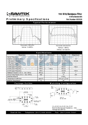 855529 datasheet - 190 MHz Bandpass Filter