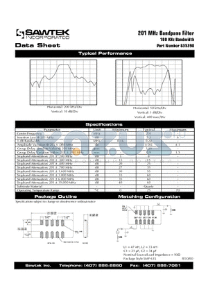 855590 datasheet - 201 MHz Bandpass Filter