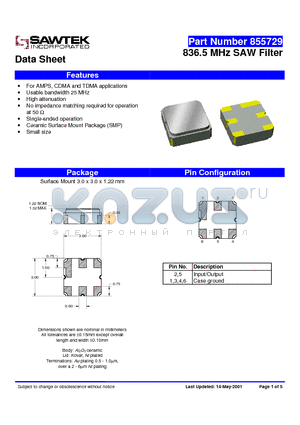 855729 datasheet - 836.5 MHz SAW Filter