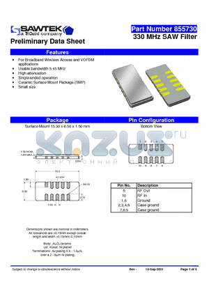 855730 datasheet - 330 MHz SAW Filter