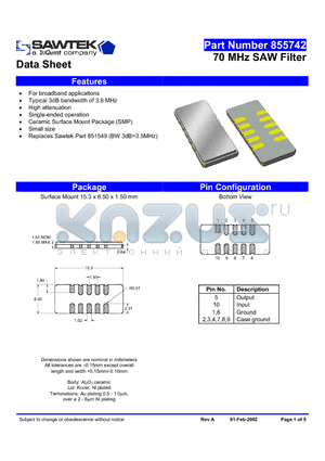 855742 datasheet - 70 MHz SAW Filter