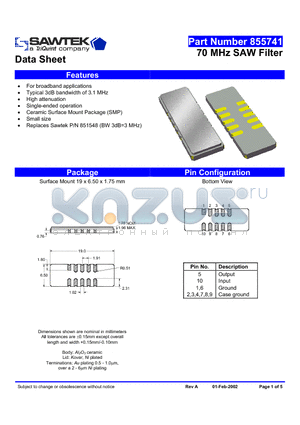 855741 datasheet - 70 MHz SAW Filter