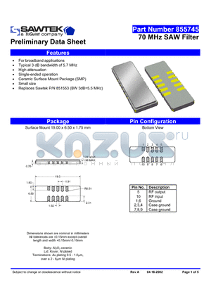 855745 datasheet - 70 MHz SAW Filter