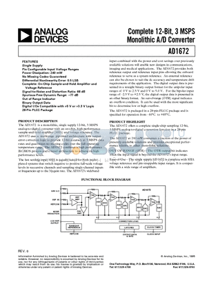 AD1672AP datasheet - Complete 12-Bit, 3 MSPS Monolithic A/D Converter