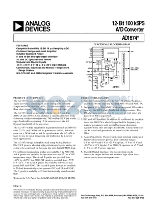 AD1674A datasheet - 12-Bit 100 kSPS A/D Converter