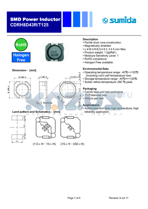 CDRH8D43RT125NP-5R6NC datasheet - Ferrite drum core construction.