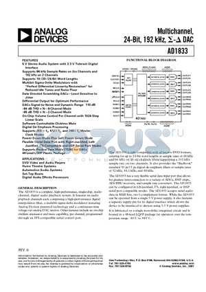 AD1833 datasheet - Multichannel 24-Bit, 192 kHz, DAC