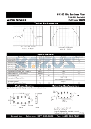 855845 datasheet - 85.380 MHz Bandpass Filter