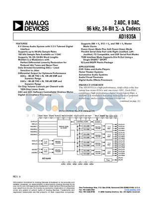 AD1835A datasheet - 2 ADC, 8 DAC, 96 kHz, 24-Bit Codecs