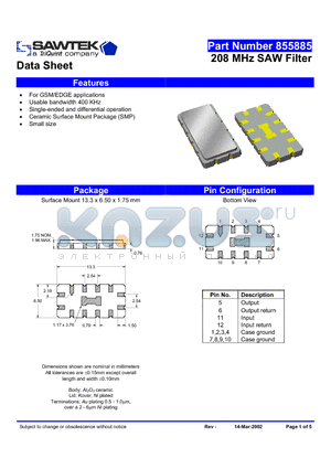 855885 datasheet - 208 MHz SAW Filter